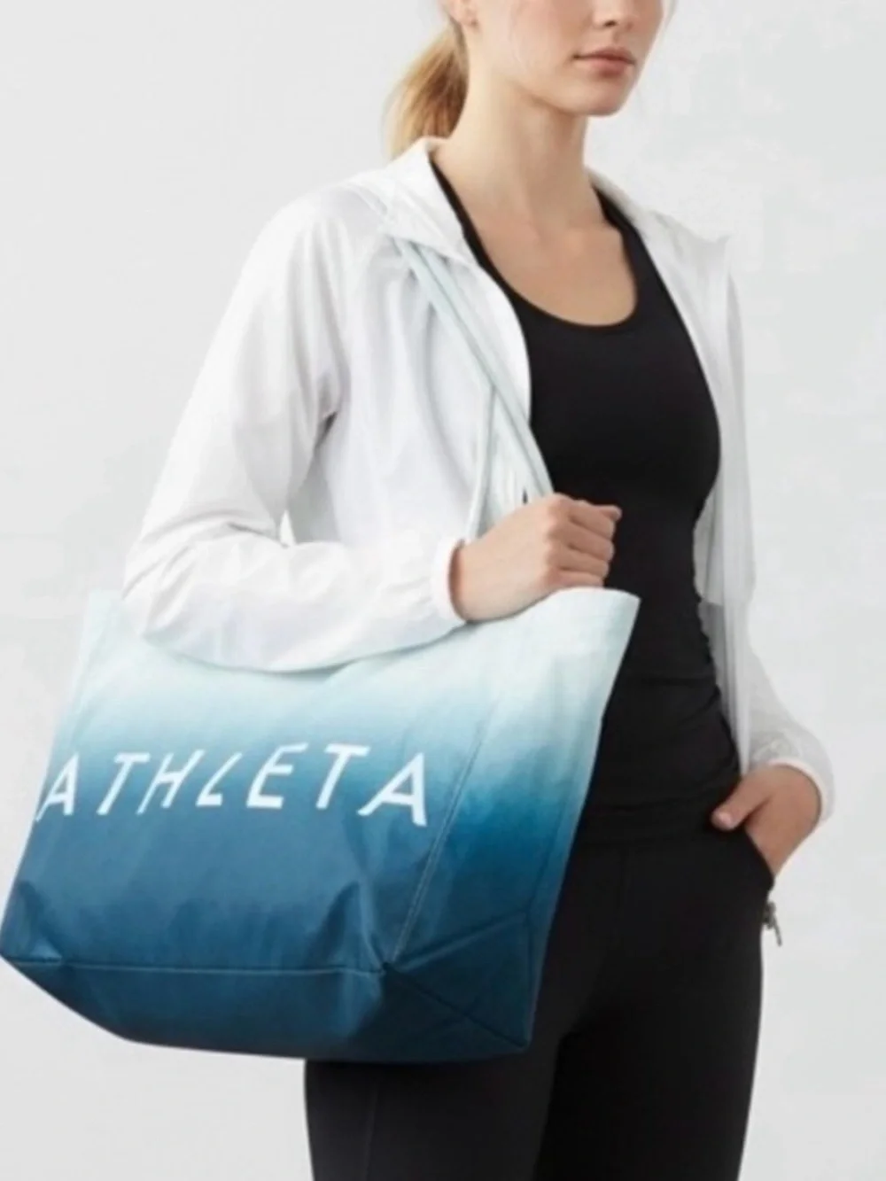 NWT Athleta Power Of She Ombre Blue Large Travel Bag Gym Tote 100% Cotton